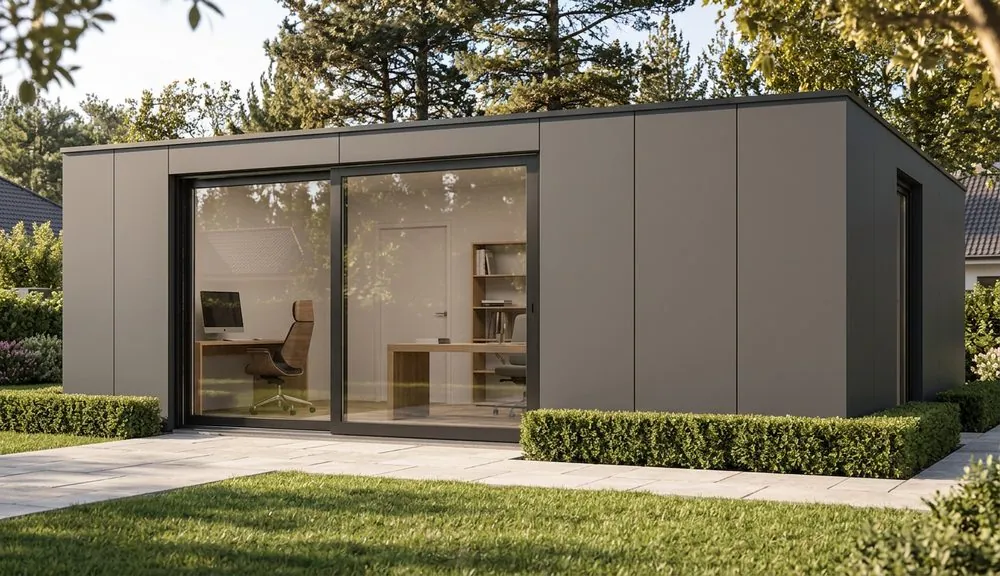 NØMA Lodge décliné en bureau indépendant, bardage anthracite en jardin résidentiel