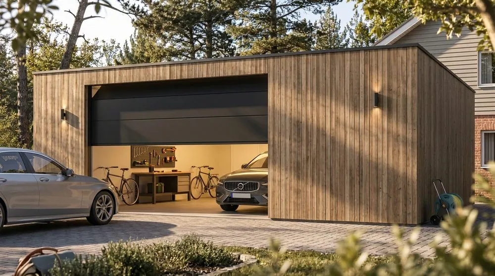 NØMA Lodge décliné en garage, bardage bois avec porte de garage entrouverte